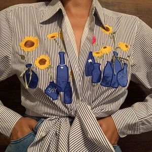 Pinstriped Sunflower Embroidered Button Down Top